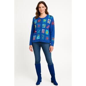 VTG Michael Simon y2k Ocean Aquarium Wearable Art Cardigan Sweater 2X Blue Fish